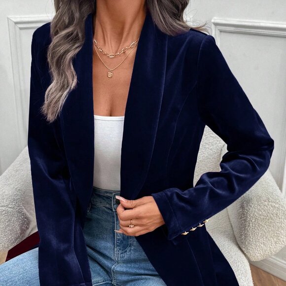 Navy Blue Elegant Women's Velvet Blazer - Picture 4 of 8